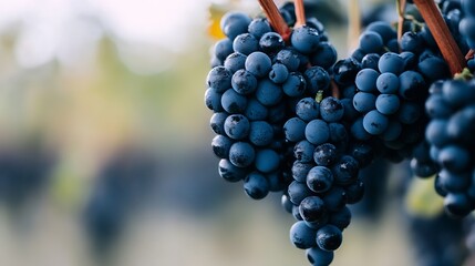Poster - Cluster of ripe dark blue grapes hanging from vine ready for harvesting in vineyard : Generative AI