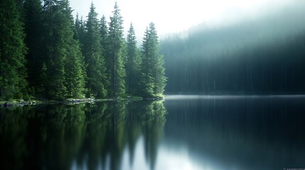 Poster - Tranquil forest landscape with pine trees reflected in the calm waters of a misty lake at dawn : Generative AI