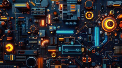 Poster - A mesmerizing abstract visualization of a futuristic circuit board with vibrant neon elements, showcasing intricate designs in technology and creativity.