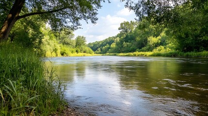 Poster - Tranquil riverbank surrounded by lush greenery reflecting the calm waters under the blue sky : Generative AI