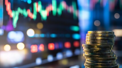 Poster - Stacked coins in front of vibrant digital financial data showcasing wealth growth : Generative AI