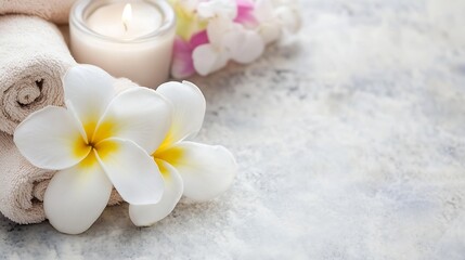 Aufkleber - Peaceful Spa Arrangement with White Flower, Towel and Candle for Relaxation : Generative AI