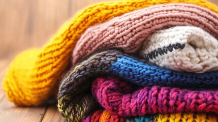 Poster - Colorful knit sweaters stacked warmly offering comfort and style in vibrant hues : Generative AI