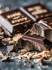 Aufkleber - Rich and Decadent Dark Chocolate Pieces Broken with Crumbs on a Dark Background : Generative AI