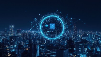 Poster - Futuristic City Nightscape with Glowing Digital Network