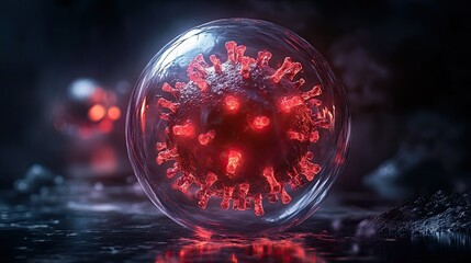Poster - A glowing biohazard virus trapped inside a transparent containment sphere.
