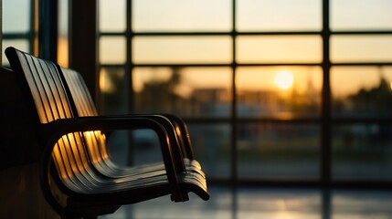Poster - Serene Empty Waiting Area at Sunset with Cozy Chair Silhouetted Against Large Windows : Generative AI
