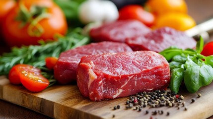 Poster - Fresh raw beef steaks along with vibrant vegetables and spices displayed on a rustic wooden cutting board : Generative AI
