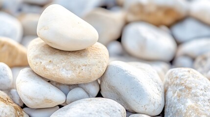 Poster - Elegant stack of smooth white pebbles resting on a sandy beach with soft lighting : Generative AI