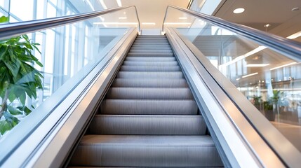 Poster - Modern escalator in bright indoor environment leading to upper levels of a contemporary building : Generative AI