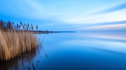 Poster - Tranquil landscape with calm water and reeds under a dramatic sky during the twilight hours : Generative AI