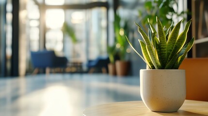 Poster - Beautiful indoor setting featuring a trendy snake plant in a stylish pot with natural sunlight streaming in : Generative AI
