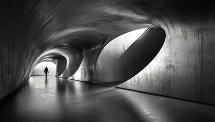 Poster - Person Walking Through a Monochrome Curved Tunnel