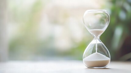 Aufkleber - Elegant Hourglass with White Sand Slowly Draining Inside a Softly Lit Room Symbolizing the Passage of Time and Patience : Generative AI