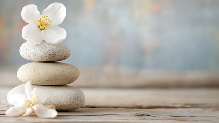 Poster - Zen Stones Stacked with Beautiful White Flower on Soft Background : Generative AI