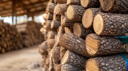 Poster - Natural Stacked Firewood in a Sunlit Sheltered Area Ideal for Woodworking and Heating : Generative AI