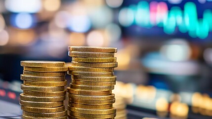 Aufkleber - Closeup of stacks of shiny coins against a blurred financial background emphasizing wealth and investment : Generative AI