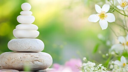 Aufkleber - Serenity in Nature with Balanced Stones and Beautiful Flowers Under Soft Light : Generative AI
