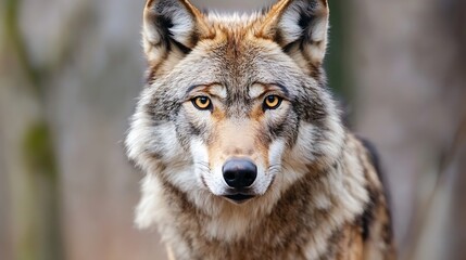 Poster - Wild wolf with striking golden eyes and lush fur looking directly at the camera in a forest : Generative AI