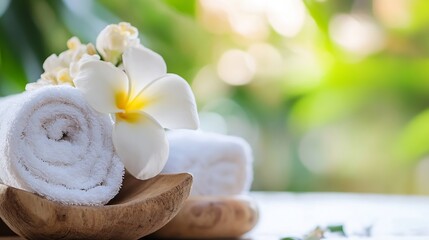 Poster - Beautiful fragrant white flower placed on soft rolled towels creating a serene spa atmosphere in nature : Generative AI