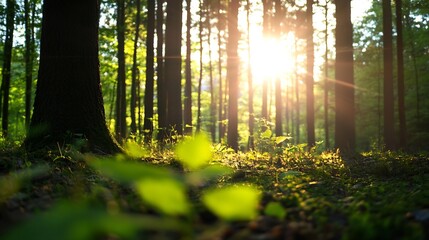 Poster - Sunlight filtering through trees illuminating the forest floor in nature's tranquility : Generative AI