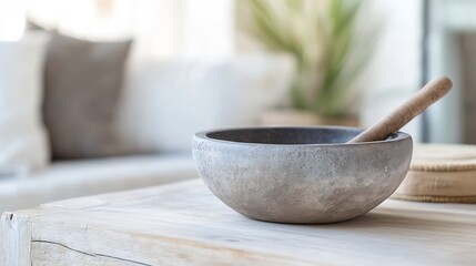 Poster - Stylish and Minimalist Organic Stone Bowl with Wooden Spoon on Table in Modern Living Space : Generative AI