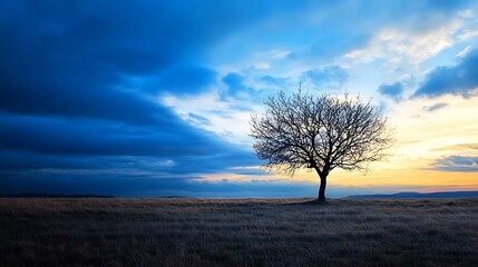 Poster - Solitary tree standing against a dramatic sky during sunset highlighting nature's beauty : Generative AI