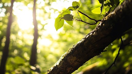 Poster - Sunlight Filtering Through Leaves Creates a Serene Atmosphere in a Lush Forest Setting : Generative AI