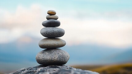 Fototapete - Stacked Smooth Stones Forming a Balanced Cairn Against a Soft Blurred Natural Landscape : Generative AI