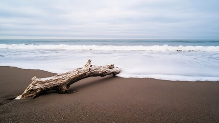 Aufkleber - Beautiful seascape featuring weathered driftwood on sandy beach with gentle waves lapping at the shore : Generative AI
