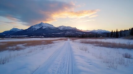 Poster - A serene winter sunset over a snowcovered winter landscape with mountains casting long shadows in the glowing light : Generative AI