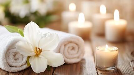 Aufkleber - Relaxing Spa Setting with Rolled Towels Candles and White Flower : Generative AI