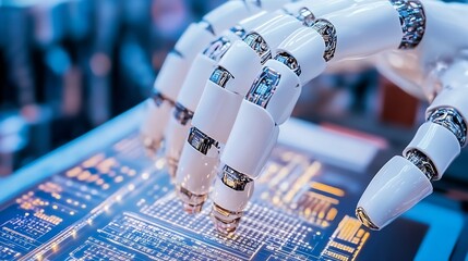 Poster - Futuristic Robotic Hand Interacting with Data on a Touchscreen Display : Generative AI