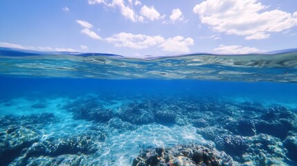 Poster - Beneath the Waves a Clear Aquatic Scene of Vibrant Coral Reefs and Crystal Clear Water : Generative AI