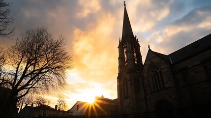 Aufkleber - Historic church silhouette against a stunning sunset with radiant sun rays : Generative AI