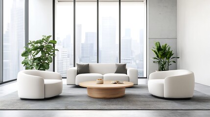 Poster - Modern and stylish living room with large windows showcasing urban views and contemporary furniture design : Generative AI