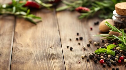 Aufkleber - Fresh assorted spices arranged on a rustic wooden table enhancing culinary flavors and aromas : Generative AI