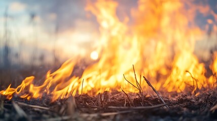 Poster - Intense Blaze of Fire with Smoldering Grass Highlighted at Twilight : Generative AI