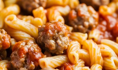 Wall Mural - Macaroni with small meatballs in red-brown tomato sauce, Generative AI