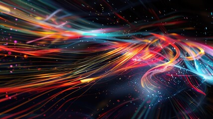 Fototapete - Abstract picture micro light sparkling particle represent data flow vivid flowing wave with high tech background, create digital effect scene perfect for energetic and fantasy wallpaper design. AIG53.