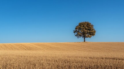 Aufkleber - Solitary tree standing tall amidst golden field under bright blue sky inviting calmness : Generative AI
