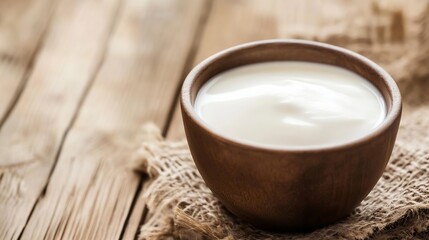 Aufkleber - Creamy yogurt in a rustic wooden bowl placed on a textured surface with natural lighting : Generative AI