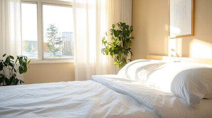 Poster - Bright and Airy Bedroom with Sunlight Illuminating Soft Bedding and Plants : Generative AI