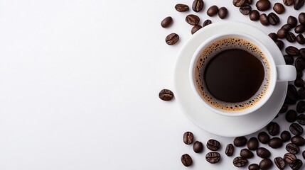 Aufkleber - Closeup View of Freshly Brewed Coffee in a White Cup Surrounded by Roasted Coffee Beans : Generative AI