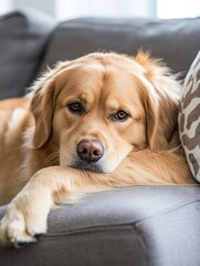 Poster - Golden retriever resting on a cozy couch with a relaxed expression and loving gaze : Generative AI
