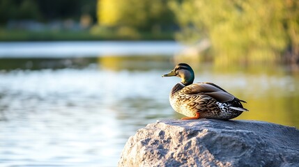 Aufkleber - Handsome Male Duck Resting on Large Rock by Calm Lake Surrounded by Lush Green Nature : Generative AI