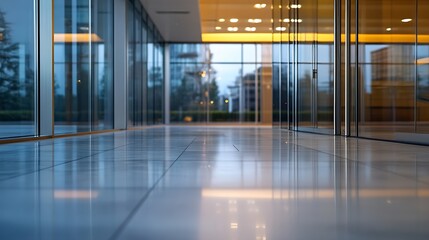 Poster - Modern office interior with sleek glass walls and polished floor reflecting natural light : Generative AI