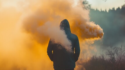 Aufkleber - A person in a dark hoodie stands in front of a billowing cloud of vibrant yellow smoke in a serene forest. The early morning light filters through the trees, enhancing the ethereal atmosphere