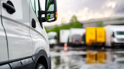 Aufkleber - Close up view of a white delivery van in a parking lot with blurred vehicles in the background : Generative AI