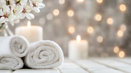 Poster - Peaceful spa setting with soft towels candles and delicate flowers for relaxation : Generative AI